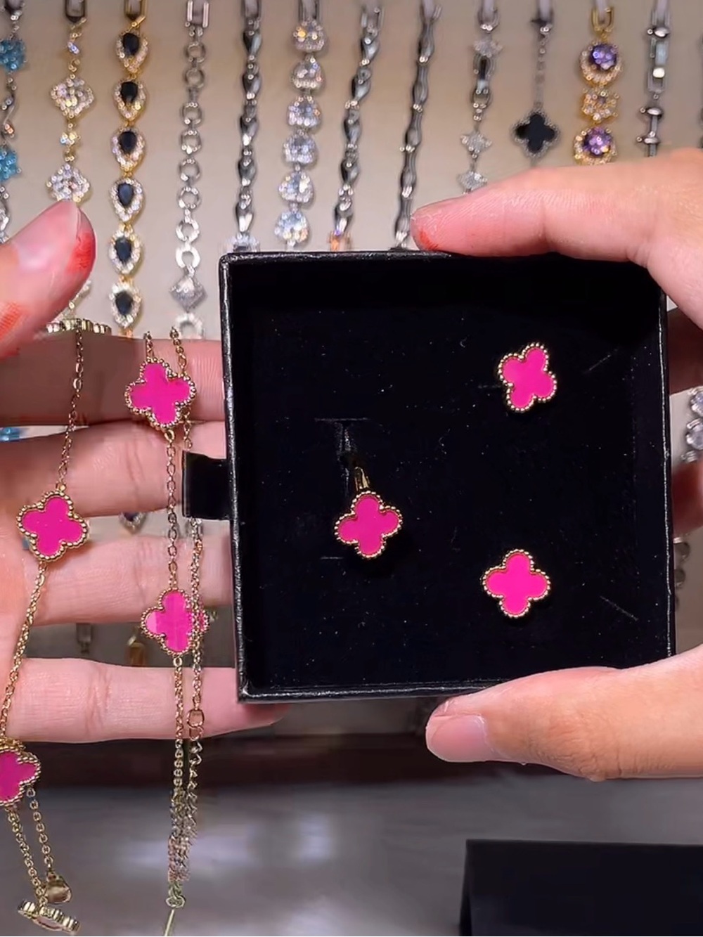Gold-Tone Pink Clover Pendant Necklace and Earring Set - Picture 2 of 2